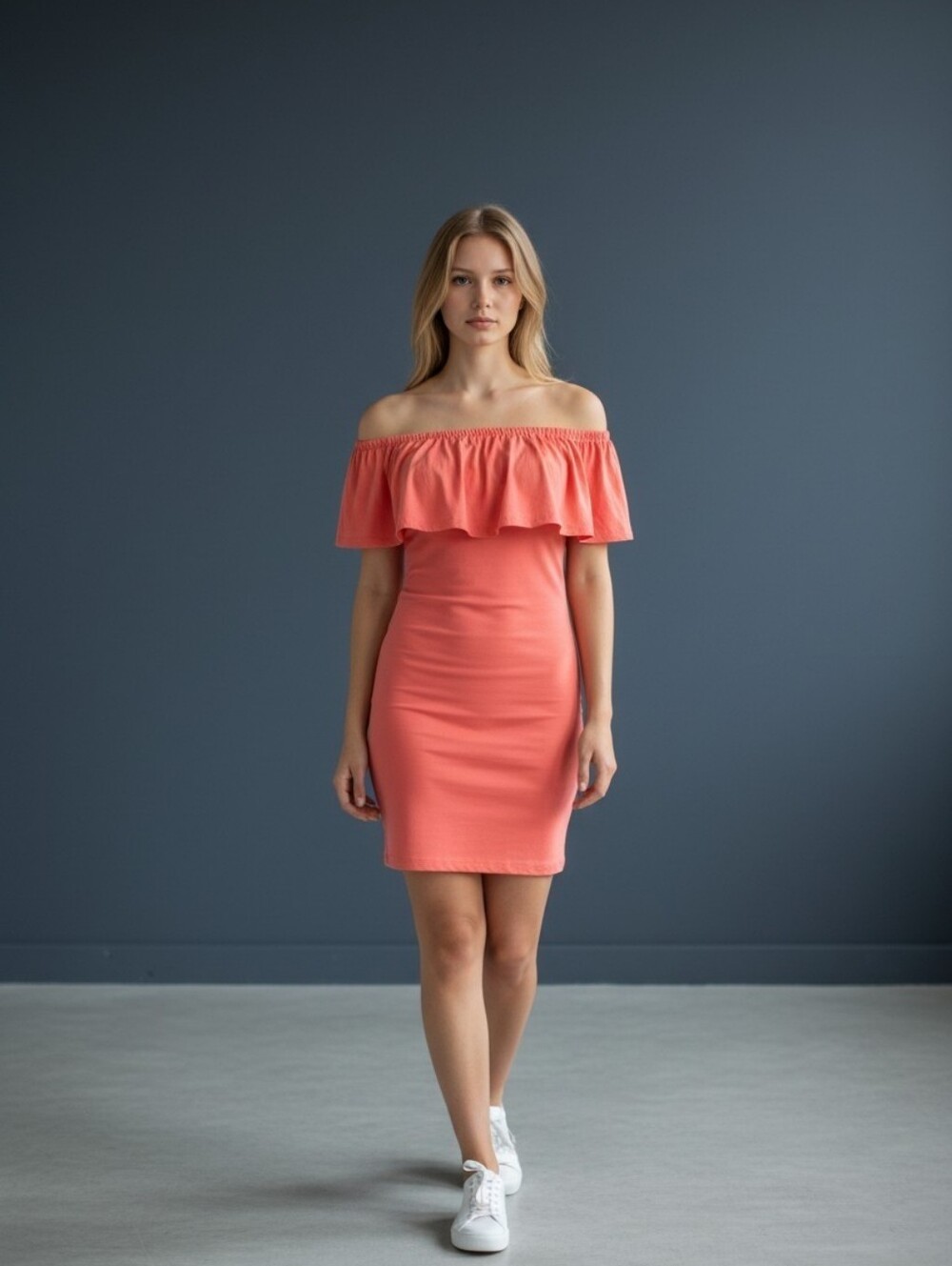 rue21 Coral Off Shoulder Bodycon Ruffle Midi Dress Stretch Knit Women's M